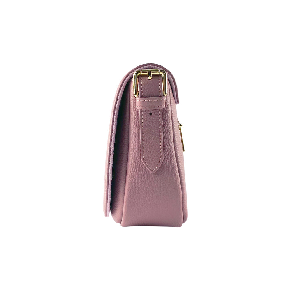 RB1002AZ | Borsa a Tracolla  in Vera Pelle Made in Italy con Tracolla removibile in pelle e attacchi con fibbie in metallo Oro Lucido - Colore Rosa Antico - Dimensioni: cm 26 x 20 x 10