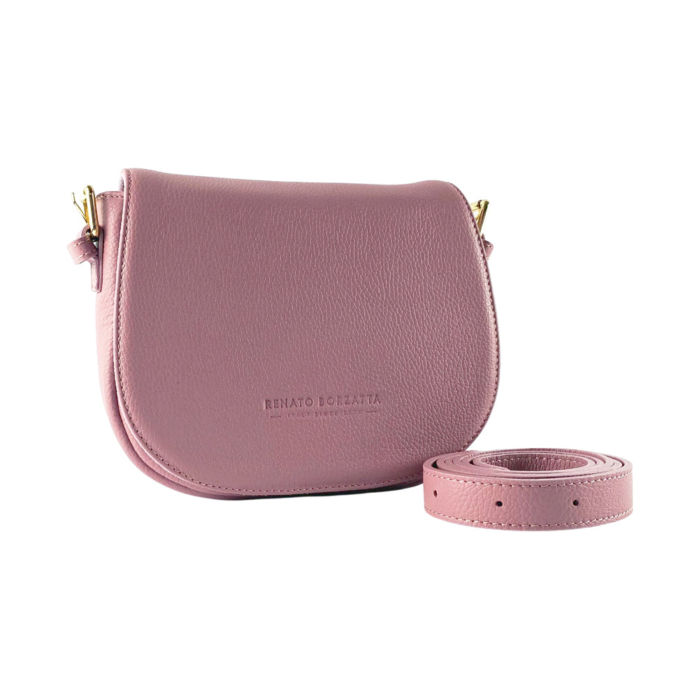 RB1002AZ | Borsa a Tracolla  in Vera Pelle Made in Italy con Tracolla removibile in pelle e attacchi con fibbie in metallo Oro Lucido - Colore Rosa Antico - Dimensioni: cm 26 x 20 x 10