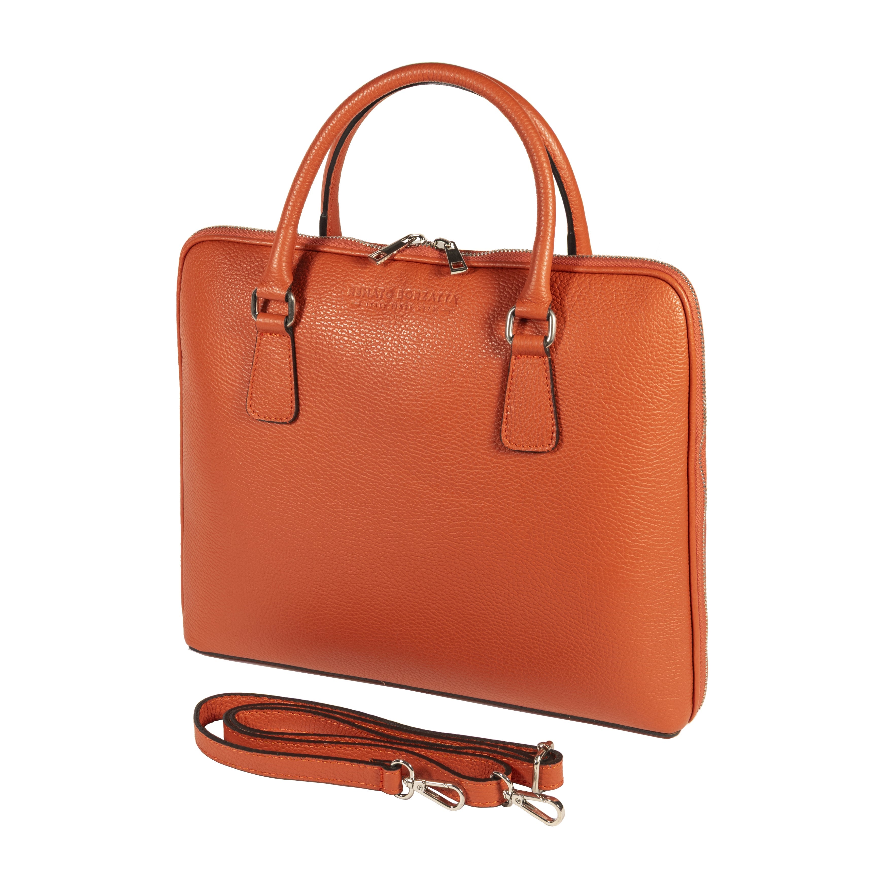 RB1019L | Cartella Business Unisex in Vera Pelle Made in Italy con tracolla removibile. Attacchi con moschettoni in metallo Nickel Lucido - Colore Arancione - Dimensioni: cm 37 x 29 x 6,5-0