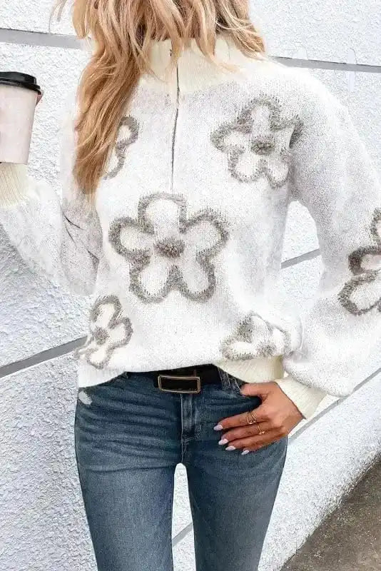Ivory Floret Zip Sweater