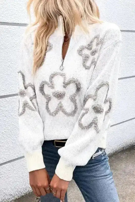 Ivory Floret Zip Sweater