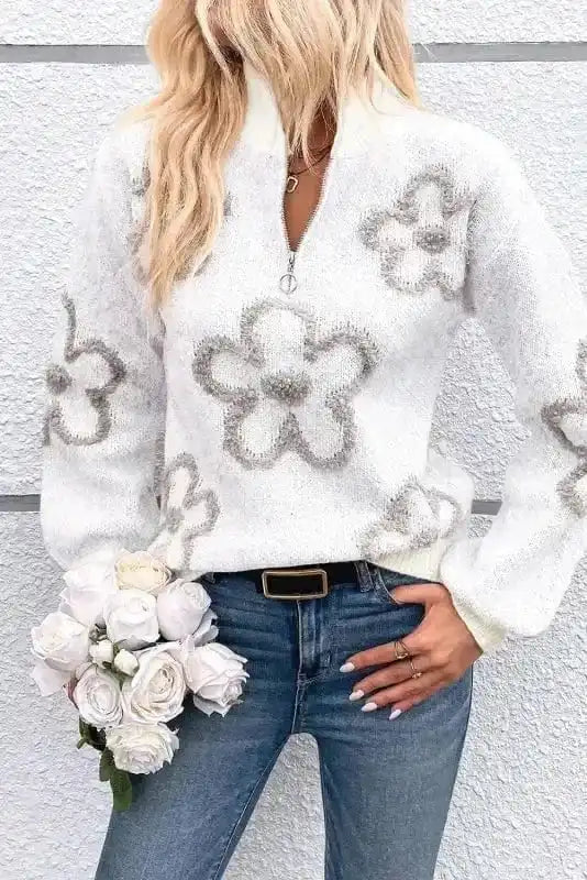 Ivory Floret Zip Sweater